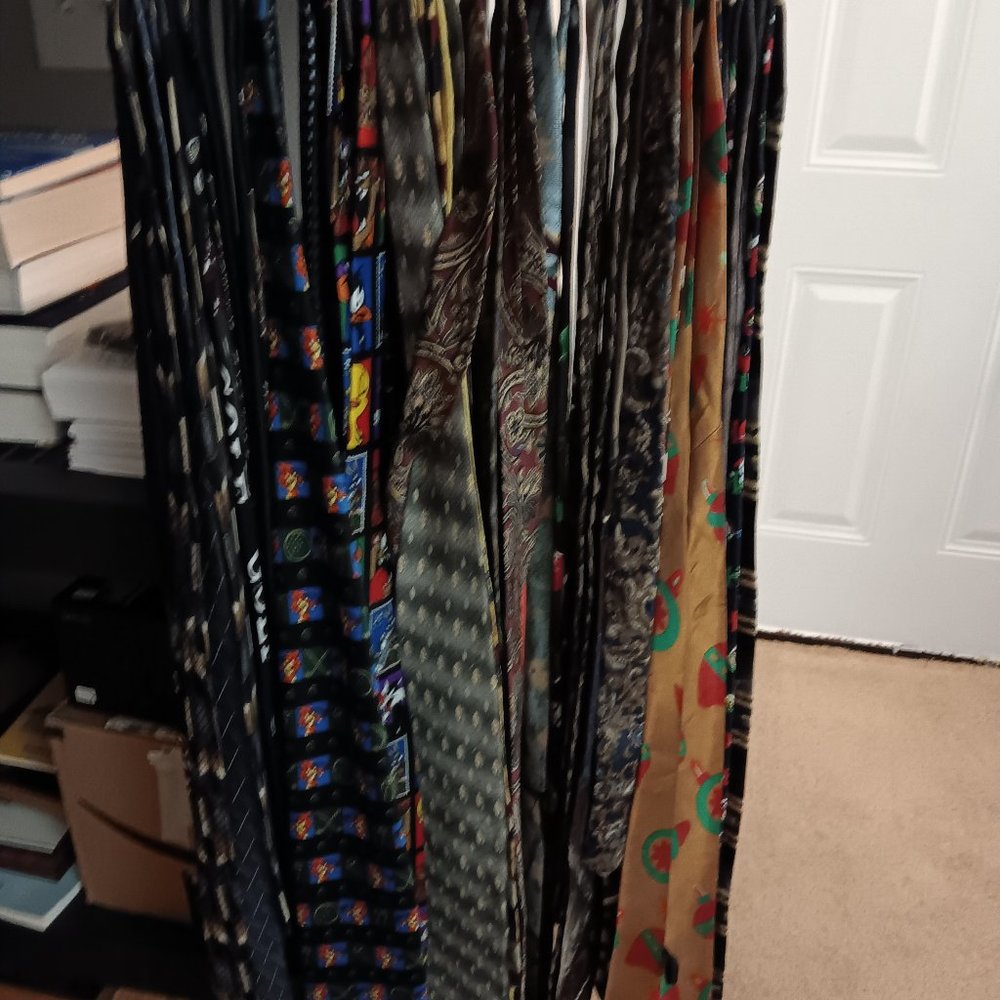34 neckties. Original purchase in the 70s and 80s. Silk and polyester.